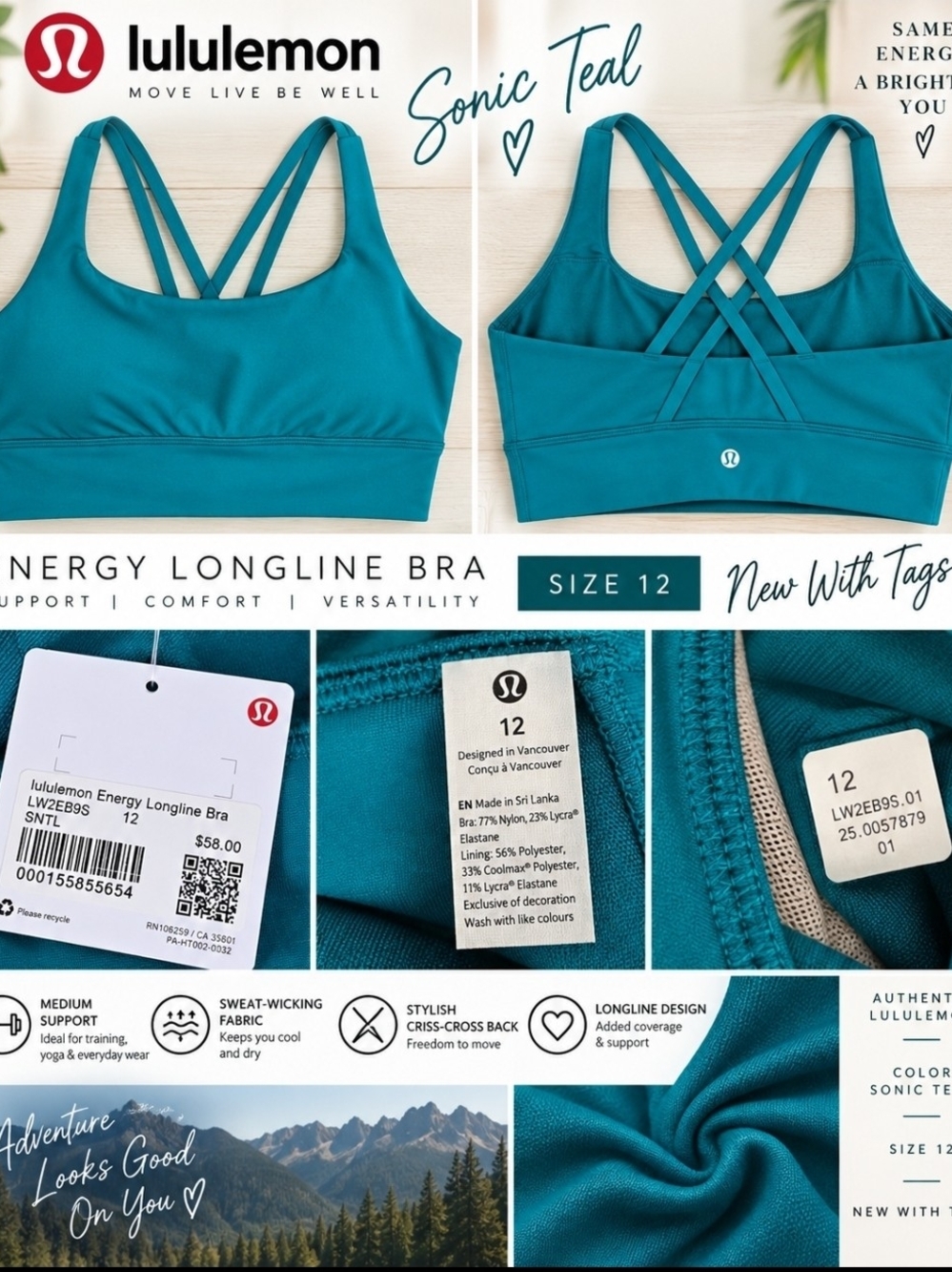 lululemon athletica Energy Longline Bra — Sonic Teal